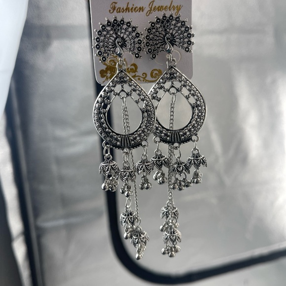 Ethnic Dangle Earring Sets Women Vintage Silver Long Tassel Bell Drop - Picture 2 of 4